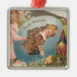 Oster Mädchen und Junge viktorianische antike Post Silbernes Ornament