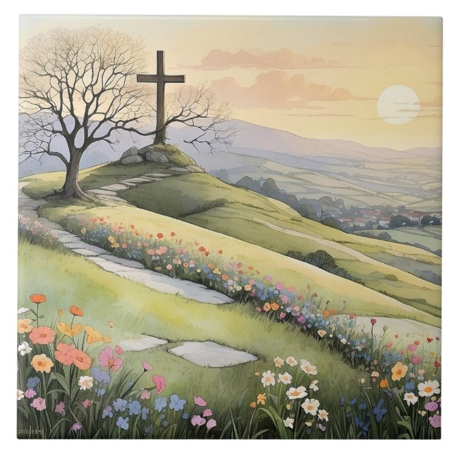Oster-Sonnenaufgang-Kunstillustration Fliese (Vorderseite)