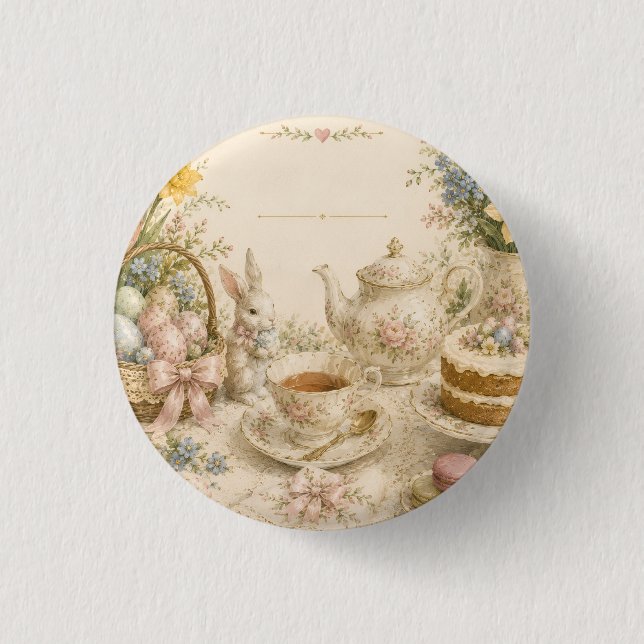 Oster-Teeparty, Vintage-Blumenfeier Button (Vorderseite)
