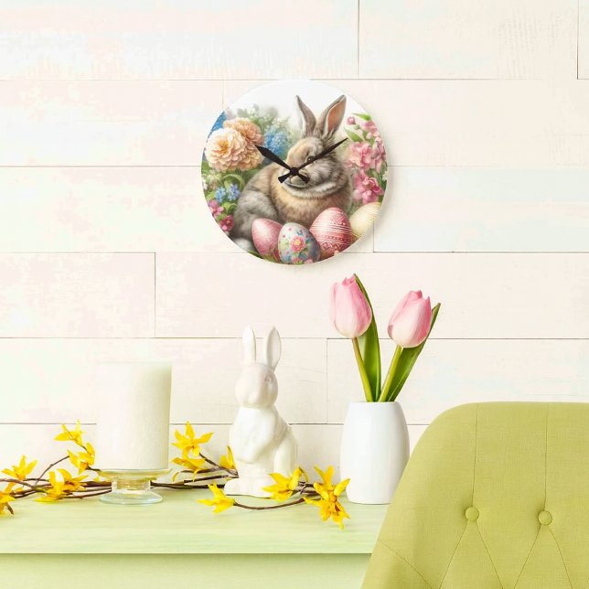 Oster-Vintage-Hase-Rundwanduhr Große Wanduhr (Vintage Easter-themed wall clock featuring a rabbit and colorful eggs.)