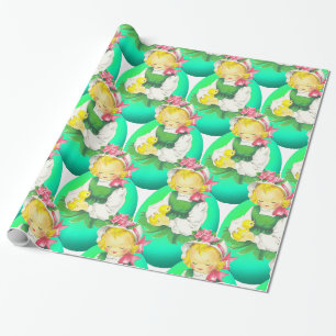 Oster-Vintage-Mädchen mit Osterküken Großdruck Geschenkpapier
