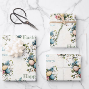Oster-Vögel & Pastell-Eier Aquarell-Blumen Geschenkpapier Set
