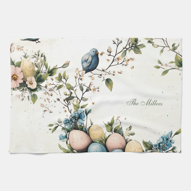 Oster-Vögel & Pastell-Eier Aquarell-Blumen Geschirrtuch (Horizontal)