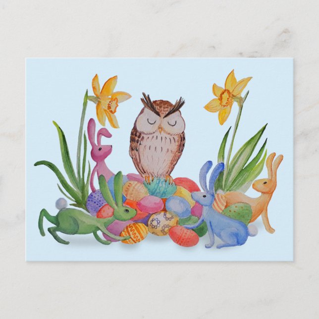 Osterbraten und Eule Feiertagspostkarte (Vorderseite)