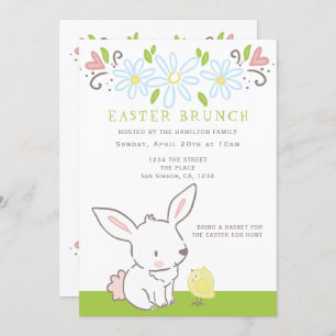 Osterbrunch Bunny und Chick mit Frühlingsblumen Einladung