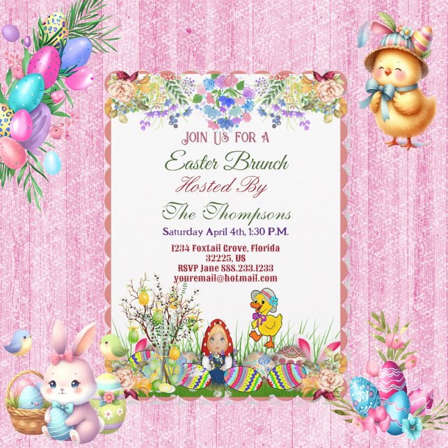 Osterbrunch Dekorative Eierkuchen Puppe Picknick F Einladung (Easter Brunch Decorative Egg Doll Chick Tree Flora Invitation)