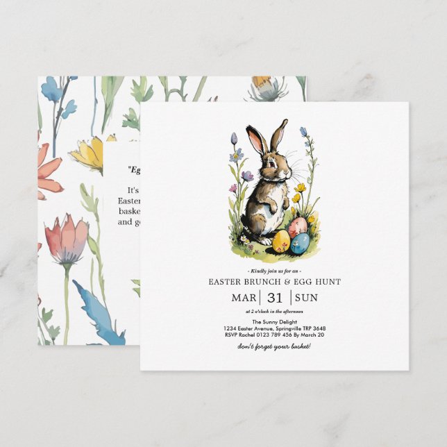 Osterbrunch & Eierjagd | Wildblume Bunny Einladung (Vorne/Hinten)