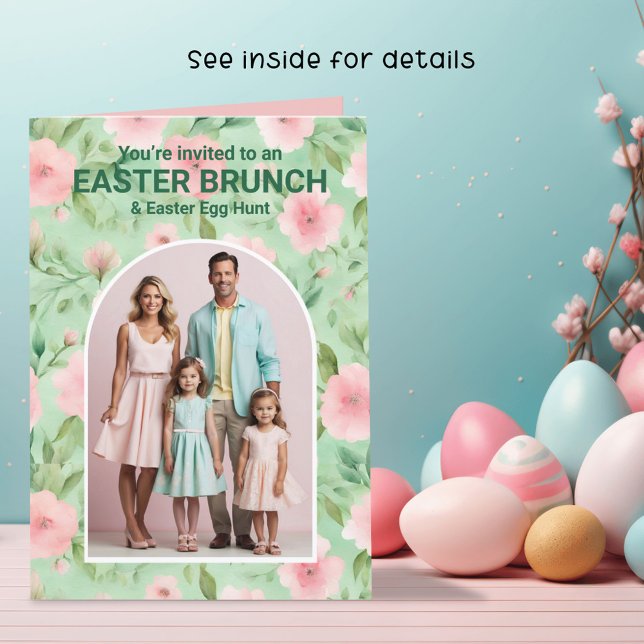 Osterbrunch Foto Pastell Pink & Green Florals Einladung (Von Creator hochgeladen)