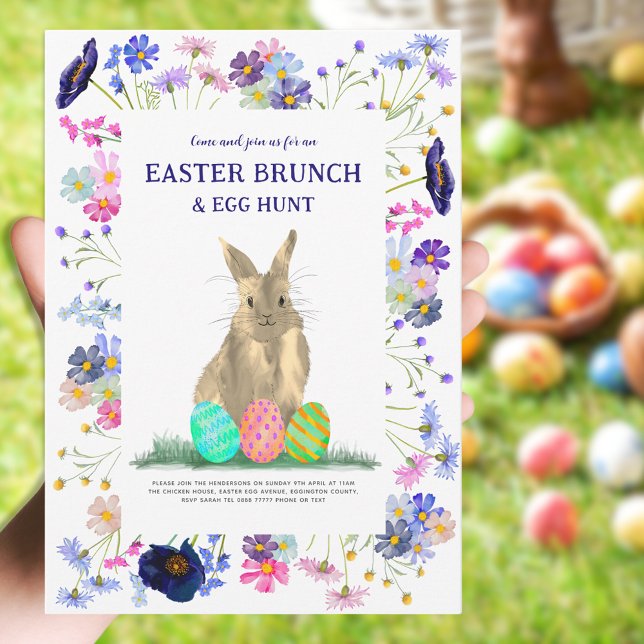Osterbrunch und Bunny Egg Hunt Floral Einladung (Easter brunch and egg hunt cute bunny boho floral watercolor invitation blue purple pink green)