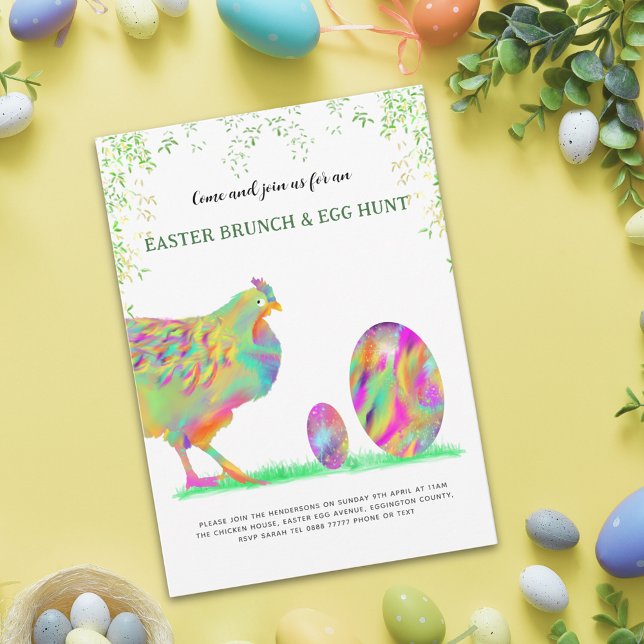 Osterbrunch und Eierjagd Aquarellfarben Budget (Easter egg hunt spring brunch cute colorful watercolor Hen & Eggs garden party budget invitation)