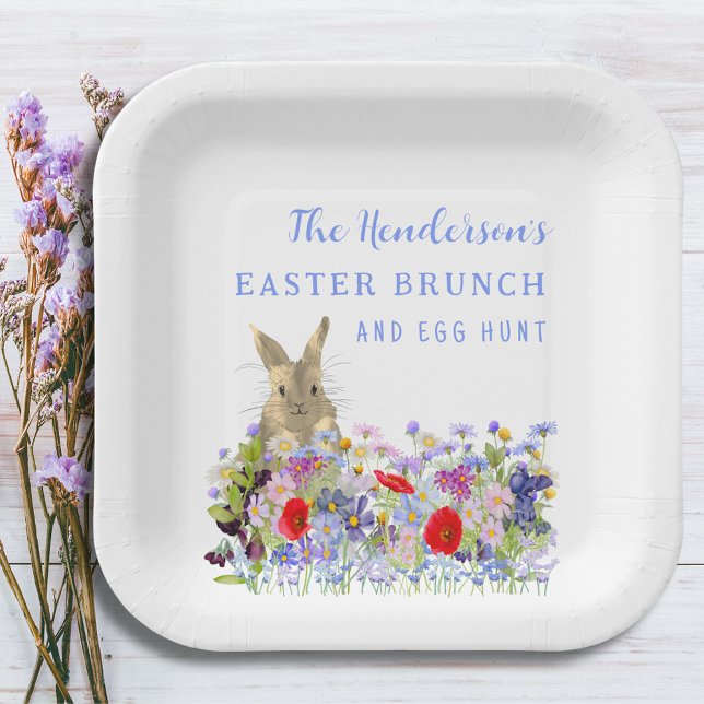 Osterbrunch und Eierjagd Bunny Floral Custom Pappteller (Easter brunch and egg hunt floral custom paper plates with cute bunny and watercolor wildflowers )