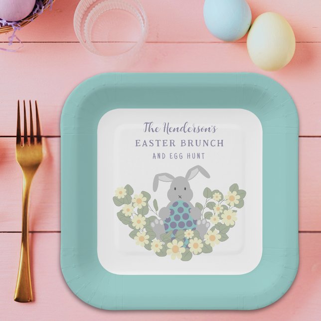 Osterbrunch und Eierjagd Bunny Floral Pappteller (Personalized easter egg hunt spring brunch cute bunny floral paper plate)