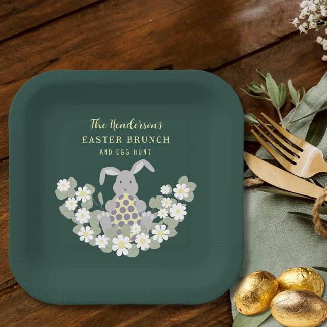 Osterbrunch und Eierjagd Bunny Floral Pappteller (Personalized easter egg hunt cute bunny spring floral party plates Green and yellow)