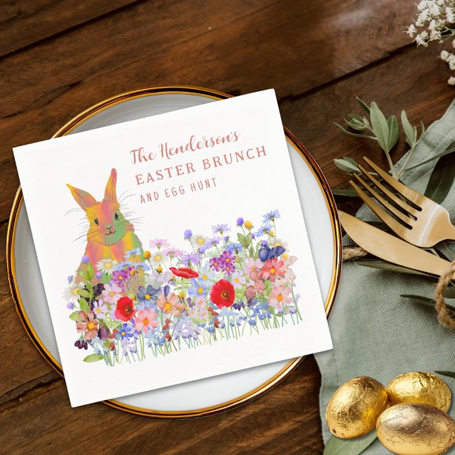 Osterbrunch und Eierjagd Bunny Floral Serviette (Personalized easter egg hunt spring brunch cute bunny floral terracotta orange script party napkin)