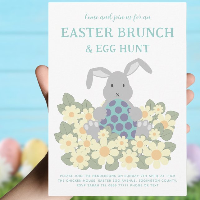 Osterbrunch und Eierjagd Niedliche Bunny Bloral Einladung (Easter brunch and egg hunt cute bunny spring floral invitation yellow purple teal green)