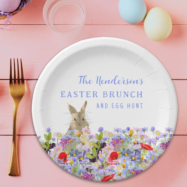Osterbrunch und Eierjagd Niedliche Bunny Bloral Pappteller (Personalized easter egg hunt spring brunch cute bunny wildflower floral paper plate)