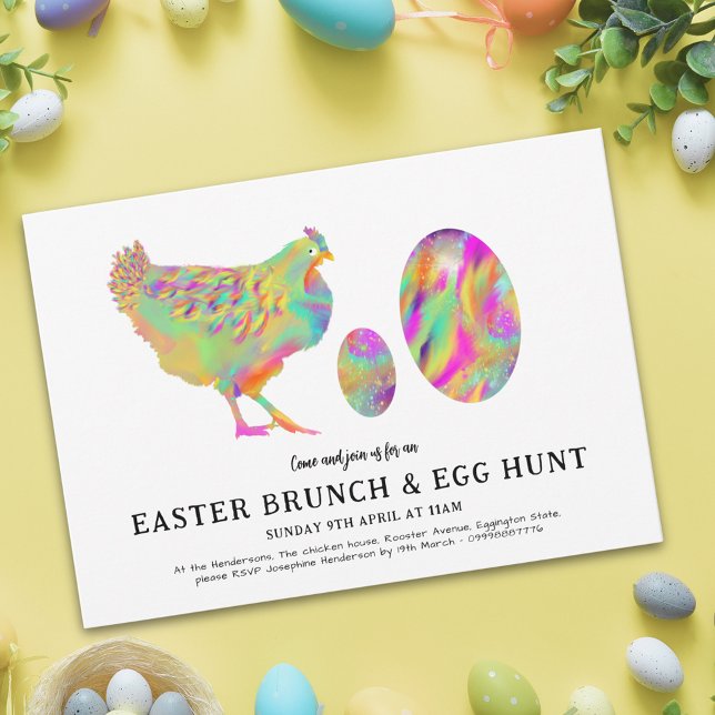 Osterbrunch und Eierjagd Wasserfarbe modern Einladung (Easter spring brunch egg hunt colorful watercolor cute hen & eggs simple stylish garden party invite)