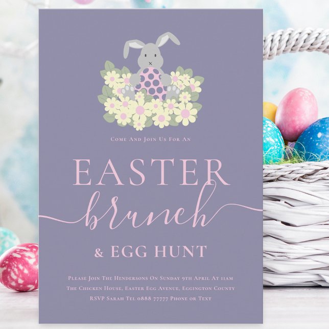 Osterbrunch und Ostereiersuche Einladung (Cute easter bunny egg hunt and brunch spring party purple pink invitation )