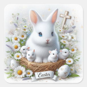 Osterbrunnes, Daisies und ein Cross-Umschlag Aufkl Quadratischer Aufkleber