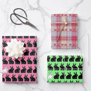 OsterBunnies Schwarz und Weiß auf Rosa und Grün Geschenkpapier Set