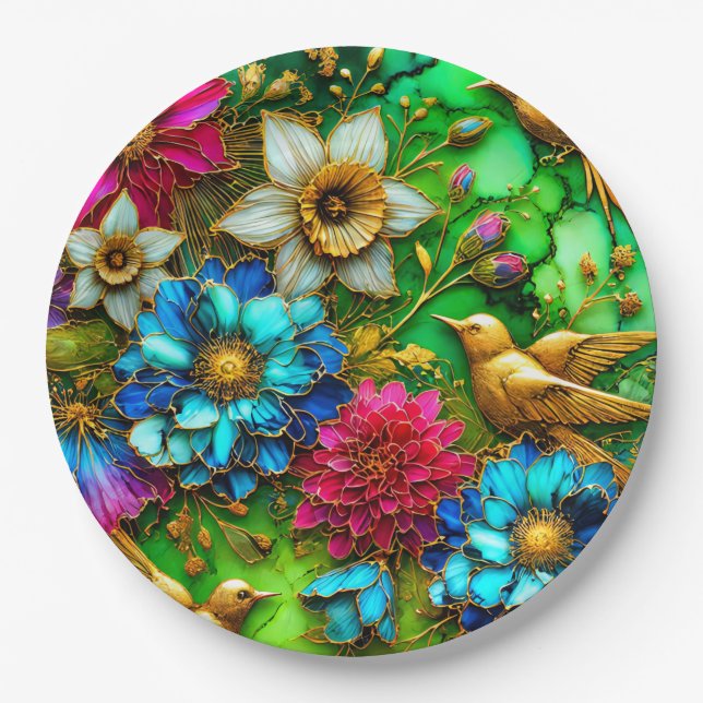 OSTERE BLUME BIRDS 3D ~ dekoriert Pappteller (Vorderseite)