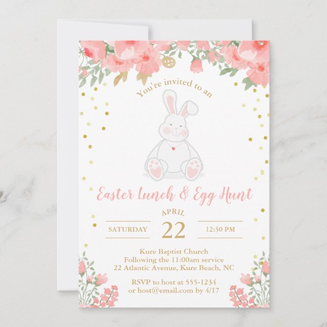 Osterei-Jagd-Aquarell-Blumenhäschen-Rosa-Gold Einladung (Vorderseite)