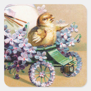 Osterei Küken Blumen im Vintage-Stil Quadratischer Aufkleber