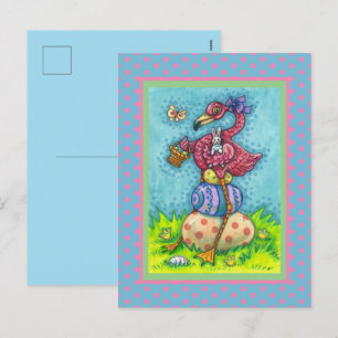 OSTEREI UND NIEDLICHER BABY PINK FLAMINGO MIT BUNN FEIERTAGSPOSTKARTE