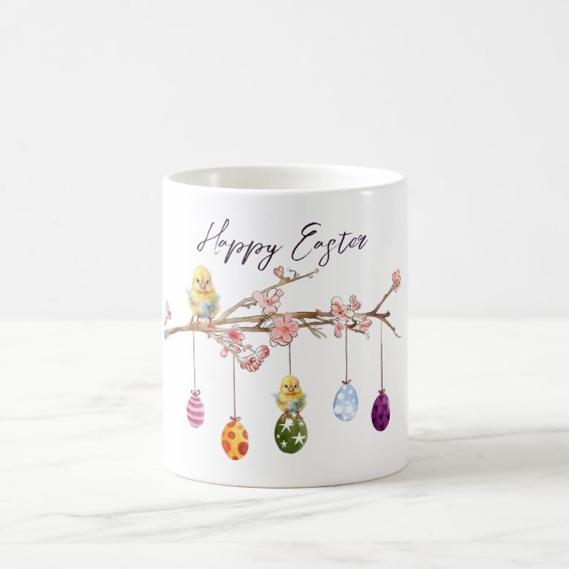 Ostereier auf blühenden Branchen glückliche Osterf Kaffeetasse (Mittel)