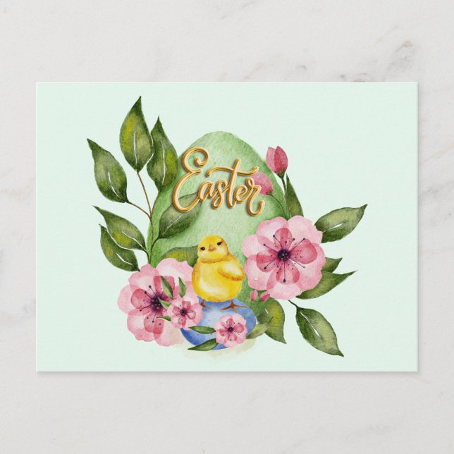 Ostereier, Baby Chick, rosa Frühlingsblumen Postkarte (Vorderseite)
