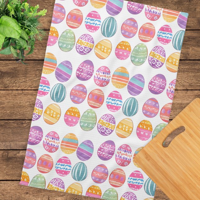Ostereier Gemustert Hübsch Geschirrtuch (A kitchen tea towel with colorful pattern of Easter eggs in a watercolor style)