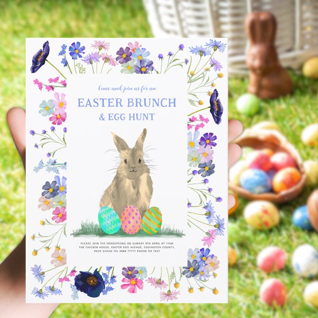 Ostereier Hunt Brunch Niedliche Bunny Bloral Einladungspostkarte (Easter bunny egg hunt and bruch boho wildflower spring holiday party postcard )