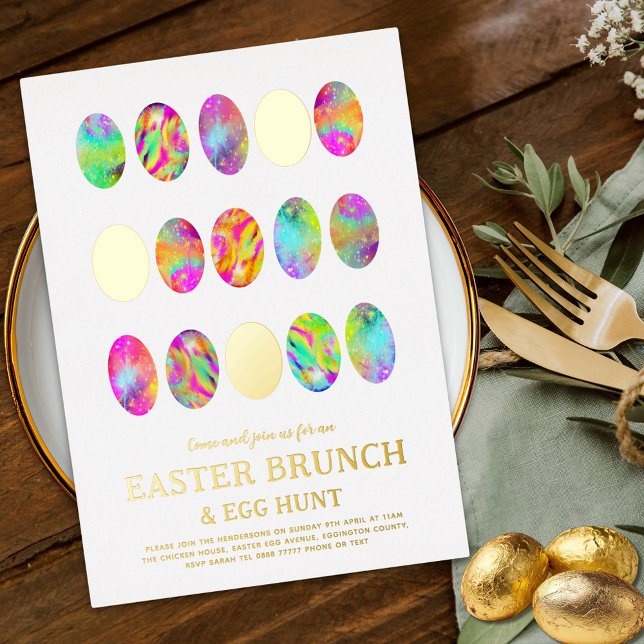 Ostereier Hunt Brunch Wasserfarbe Modernes Gold Folieneinladung (Minimalist easter brunch egg hunt colorful watercolor gold foil spring garden party invitation )