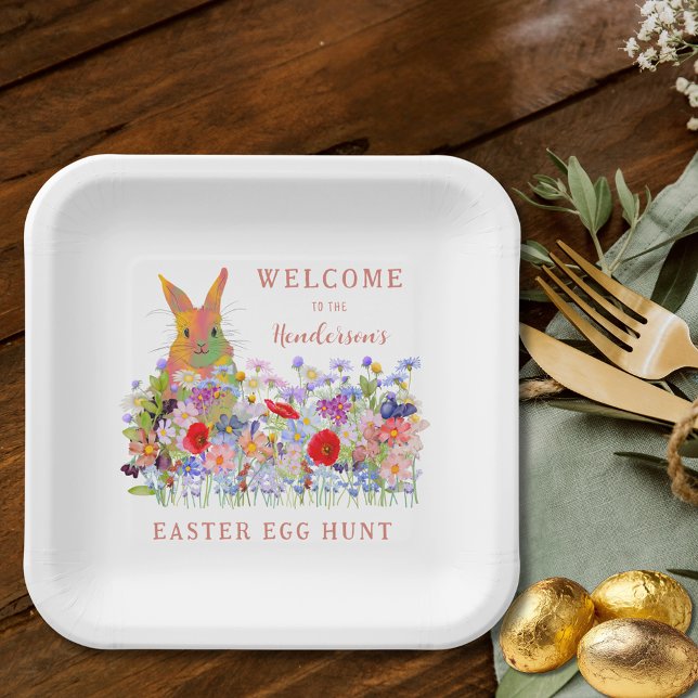 Ostereier Hunt Bunny Floral Pappteller (Personalized easter egg hunt cute bunny wildflower floral spring party paper plate )