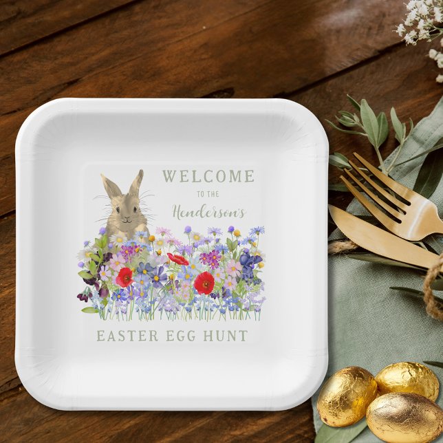 Ostereier Hunt Bunny Floral Pappteller (Personalized easter egg hunt cute bunny colorful wildflower meadow spring floral party paper plate)