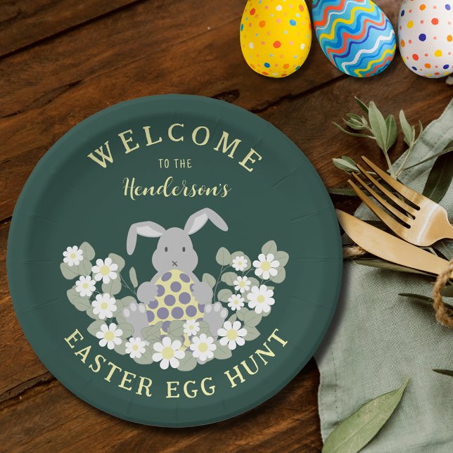Ostereier Hunt Bunny Floral Pappteller (Personalized family Easter brunch and egg hunt cute bunny floral spring party green paper plate)