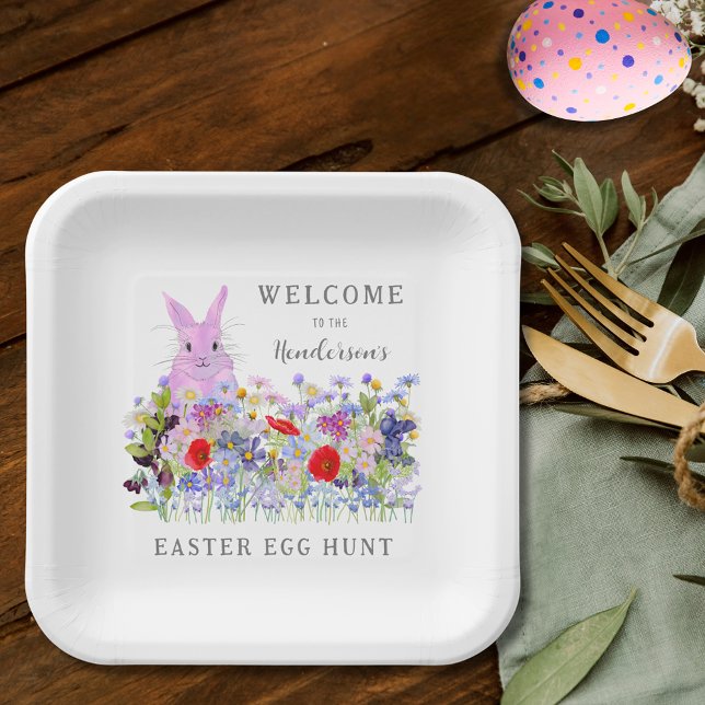Ostereier Hunt Bunny Floral Willkommen Pappteller (Personalized easter egg hunt cute pink bunny wildflower floral spring party paper plate)
