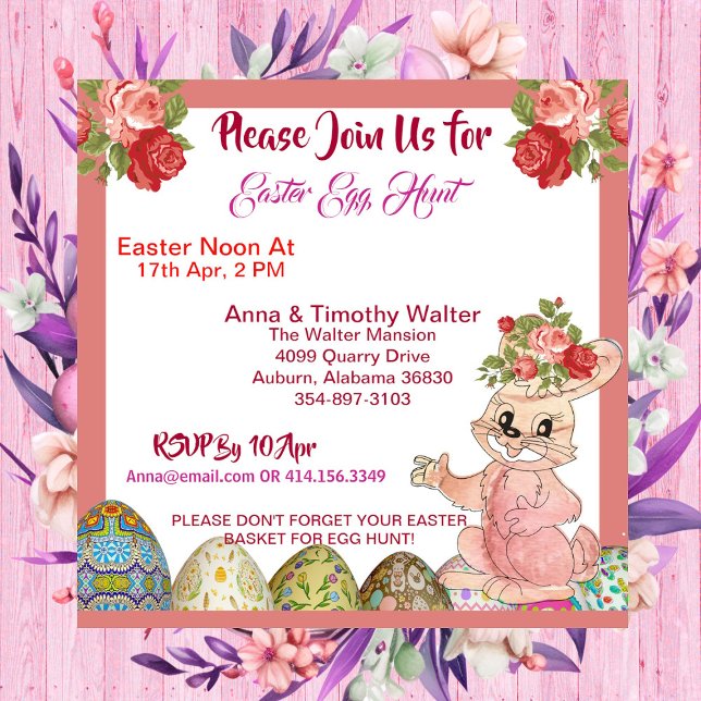 Ostereier Jagd Rustikale Rose Sonniges Kind Einlad Mitteilungskarte (Easter Egg Hunt Rustic Roses Bunny Kid Invitation)