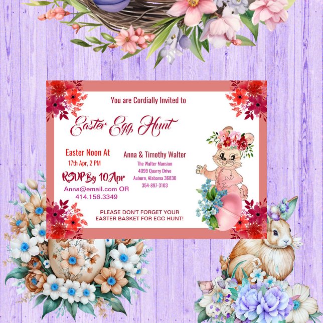 Ostereier Jagd Wasserfarbe Blumengeblümte Kind Ein Mitteilungskarte (Easter Egg Hunt Watercolor Floral Bunny Kid Invite)