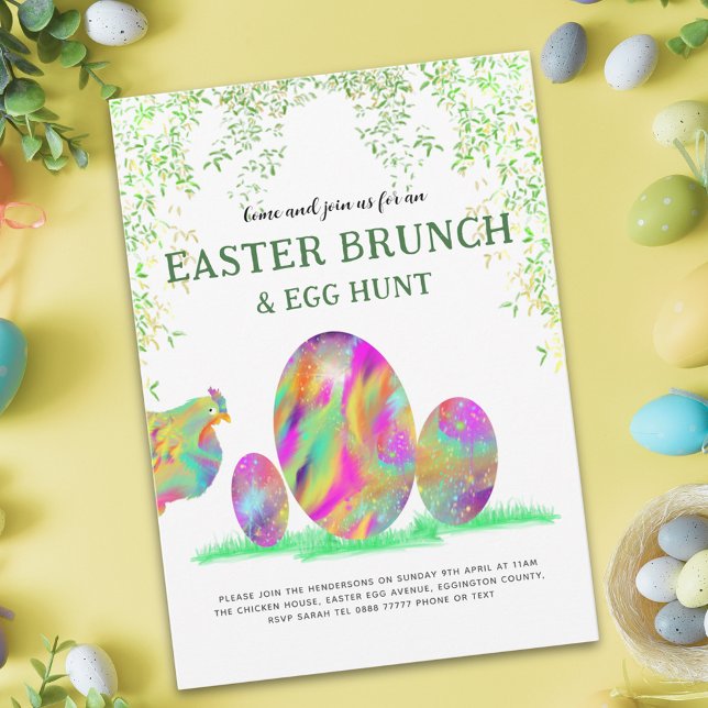 Ostereier Jagen Brunch Niedliche Wasserfarbe Einladung (Easter egg hunt brunch cute chicken colorful watercolor spring garden party invitation)