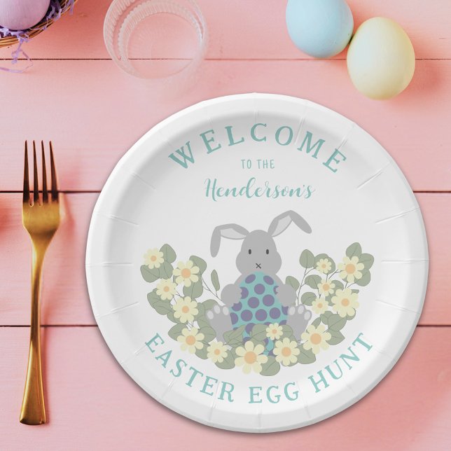 Ostereier Jagen Niedlich Bunny Bloral Pappteller (Personalized easter egg hunt spring brunch cute bunny daisy floral paper plate)