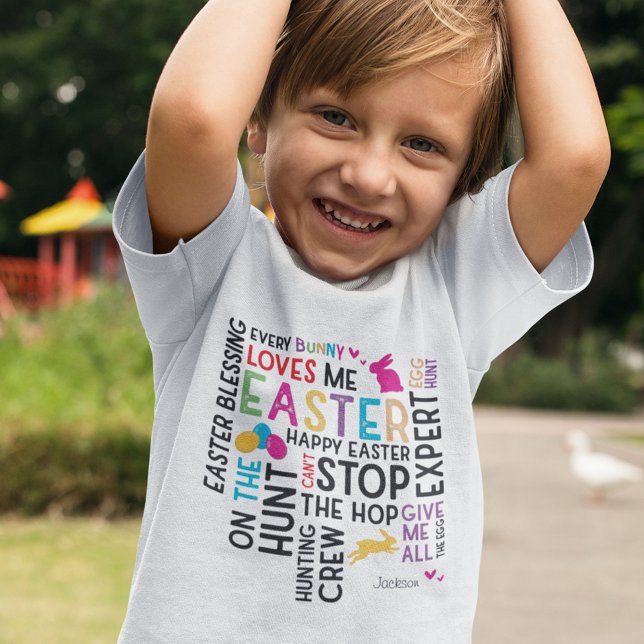 Ostereier jagen Word Cloud mit Kid Name T-Shirt (Von Creator hochgeladen)