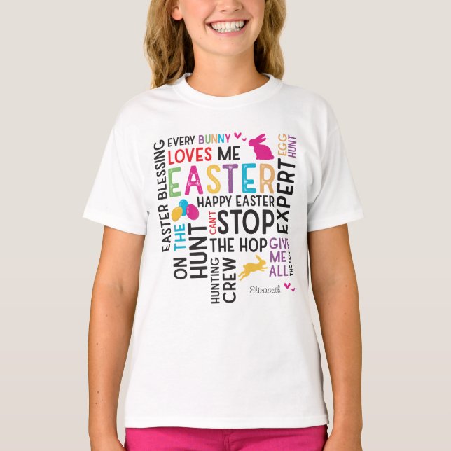 Ostereier jagen Word Cloud mit Kid Name White T-Shirt (Vorderseite)