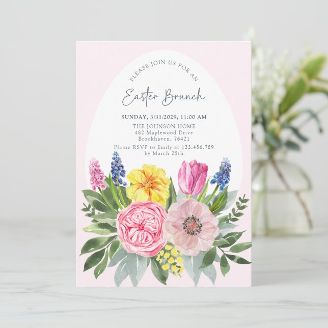 Ostereier, Rosa, Blumenbrunch Einladung (Stehend Vorderseite)