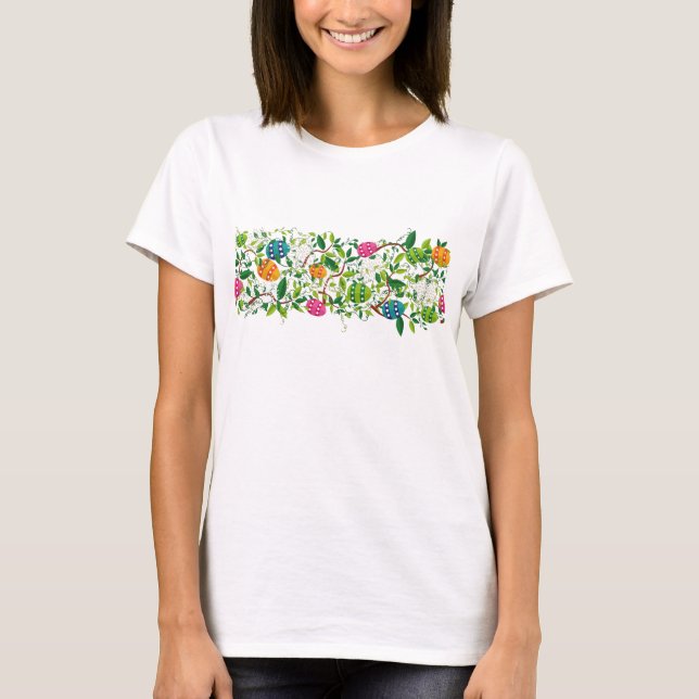 Ostereier und Frühlingsblumen Streifen T-Shirt (Vorderseite)
