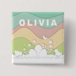 Ostereier und Küken in Pastellfrühlingshöhe Button
