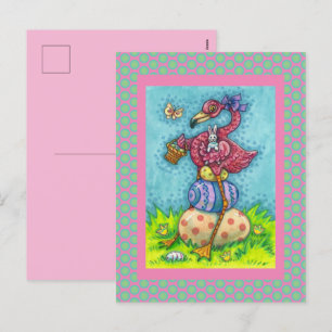 OSTEREIER UND NIEDLICHER BABYPINK FLAMINGO MIT BUN FEIERTAGSPOSTKARTE