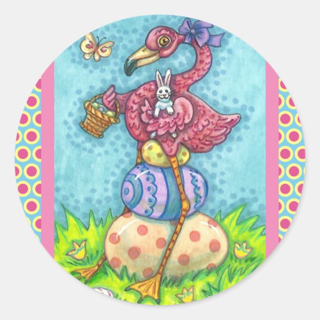 OSTEREIER UND NIEDLICHER BABYPINK FLAMINGO MIT BUN RUNDER AUFKLEBER (Vorderseite)