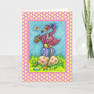 OSTEREIER UND SÜSSE BABY-ROSA FLAMINGO MIT HASE FEIERTAGSKARTE