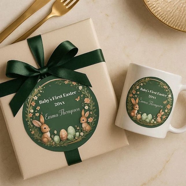 Ostereier-Willkommenskranz mit Waldtieren für Baby Runder Aufkleber (Baby's First Easter Spring Wreath Woodland Animals Classic Round Sticker)